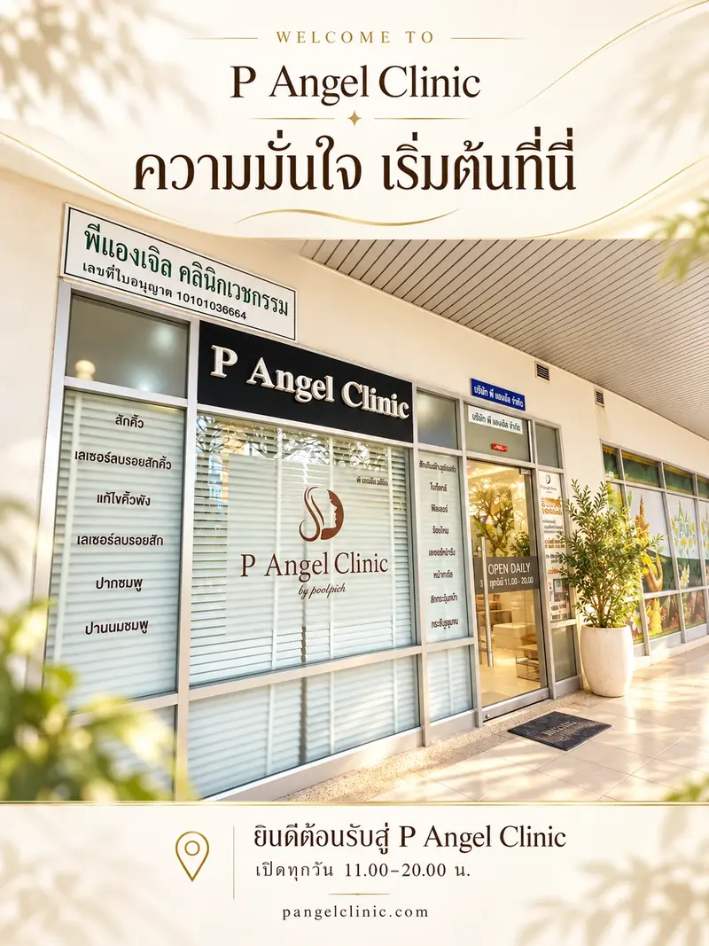 หน้าคลินิก P Angel Clinic สาขารามอินทรา ป้ายพีแองเจิล คลินิกเวชกรรม ใบอนุญาตเลขที่ 10101036664